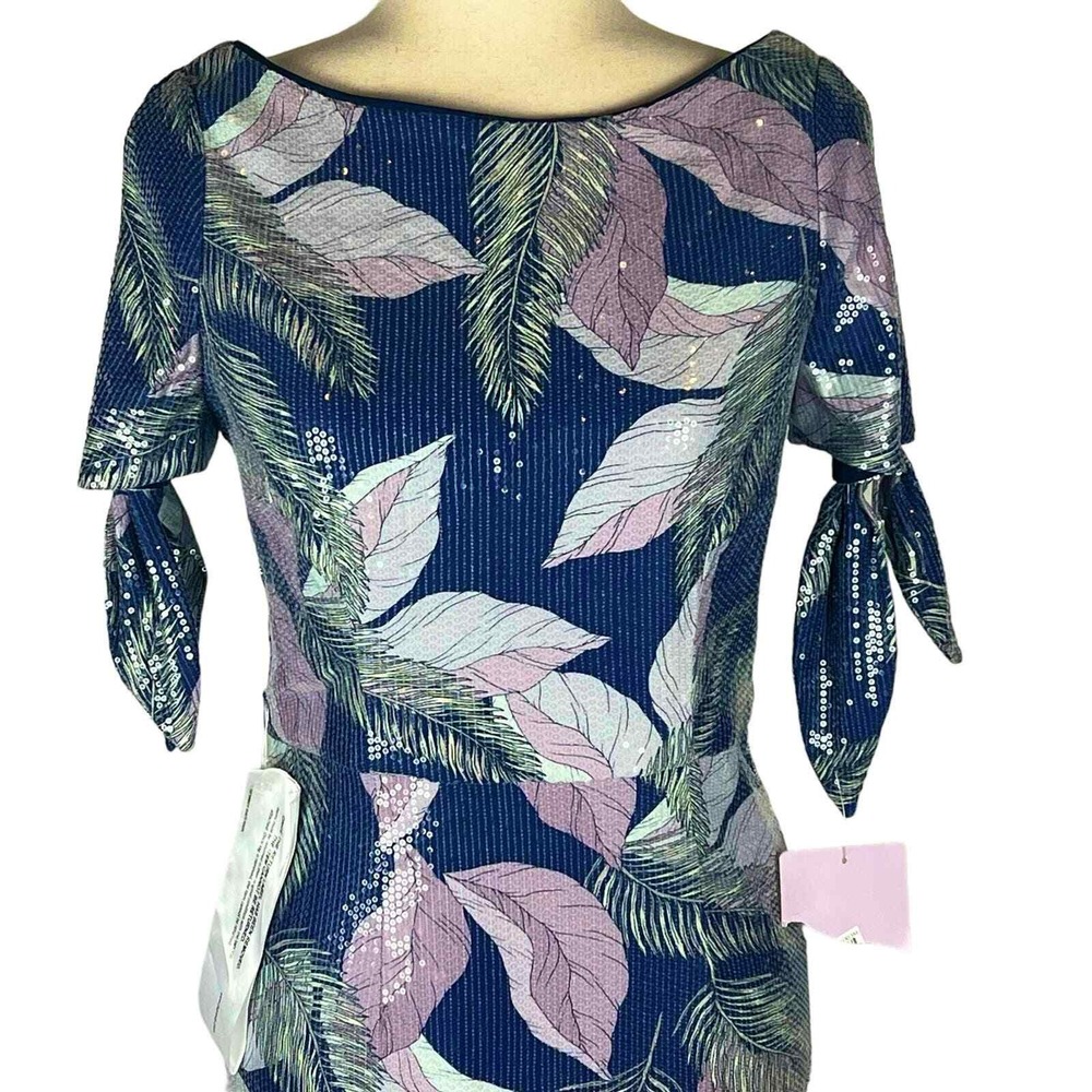 JS Collections Carmen Navy Multi Sequin Leaf Print Column Gown Size 6 NWT - Picture 4 of 16